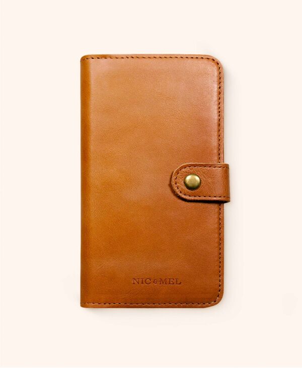 Andrew plånboksfodral i brunt läder till iPhone - iPhone 13 Mini, Cognac